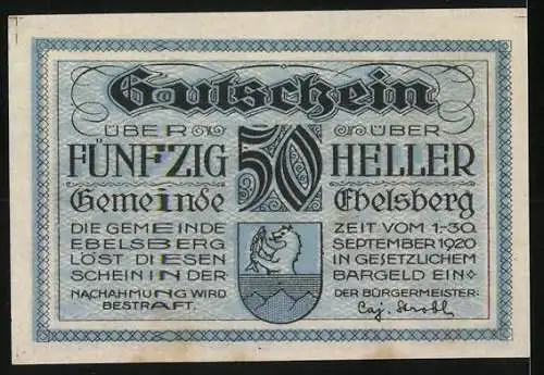 Notgeld Ebelsberg 1920, 50 Heller, Schloss und Stadtansicht 1677, Wappen und Text zur Ausgabezeit