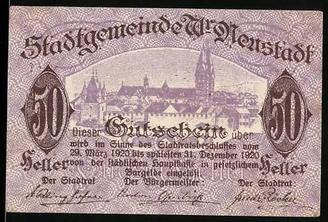 Notgeld Wiener Neustadt 1920, 50 Heller, Stadtansicht und Wappen