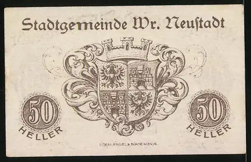 Notgeld Wiener Neustadt 1920, 50 Heller, Stadtansicht und Wappen