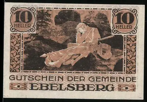 Notgeld Ebelsberg 1920, 10 Heller, Schlafender Soldat, Wappen, Helden im Hintergrund