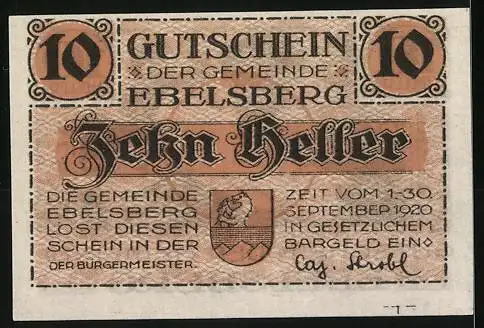 Notgeld Ebelsberg 1920, 10 Heller, Schlafender Soldat, Wappen, Helden im Hintergrund