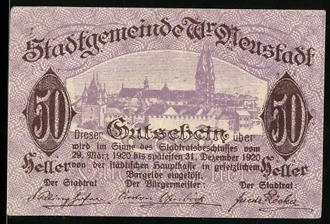 Notgeld Wiener Neustadt 1920, 50 Heller, Stadtansicht und Wappen