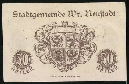 Notgeld Wiener Neustadt 1920, 50 Heller, Stadtansicht und Wappen