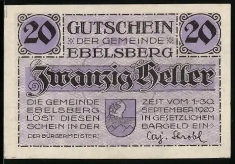 Notgeld Ebelsberg 1920, 20 Heller, Landschaftsmotiv mit Gebäuden und Wappen der Gemeinde