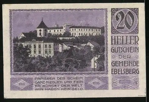 Notgeld Ebelsberg 1920, 20 Heller, Landschaftsmotiv mit Gebäuden und Wappen der Gemeinde