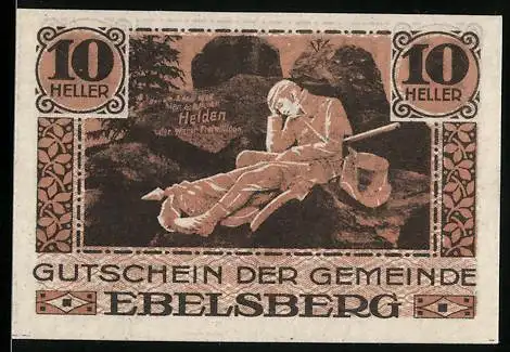 Notgeld Ebelsberg 1920, 10 Heller, Soldat in Höhle, Wappen und Unterschrift des Bürgermeisters