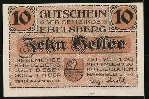 Notgeld Ebelsberg 1920, 10 Heller, Soldat in Höhle, Wappen und Unterschrift des Bürgermeisters