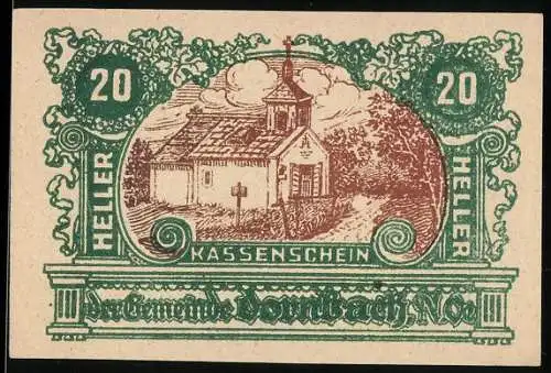 Notgeld Dornbach, 20 Heller, Kirche und Landschaftsmotiv, Kassenschein der Gemeinde Dornbach N.Ö