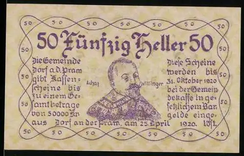 Notgeld Dorf an der Pram 1920, 50 Heller, Porträt mit Wappen und dekorativem Schriftzug