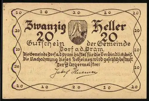 Notgeld Dorf an der Pram 1920, 20 Heller, Wappen und Landschaftsansicht von Hinterndobl