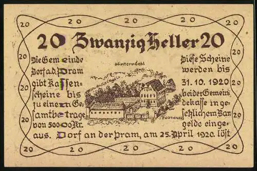 Notgeld Dorf an der Pram 1920, 20 Heller, Wappen und Landschaftsansicht von Hinterndobl