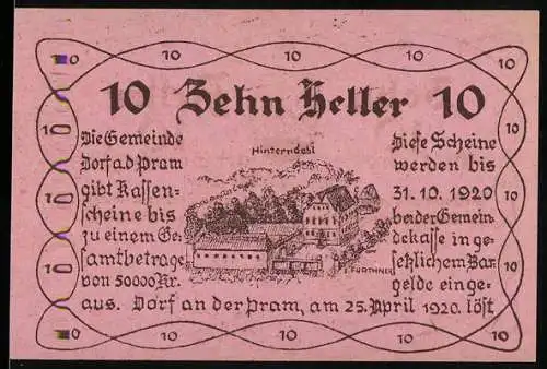 Notgeld Dorf an der Pram 1920, 10 Heller, Dorfansicht und Gemeindewappen