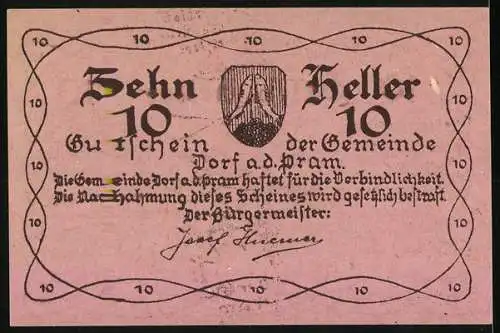 Notgeld Dorf an der Pram 1920, 10 Heller, Dorfansicht und Gemeindewappen