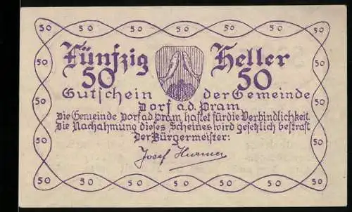 Notgeld Dorf an der Pram 1920, 50 Heller, Porträt von Achaz Willinger und Gemeindewappen