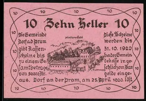 Notgeld Dorf a.d. Pram 1920, 10 Heller, Landschaft mit Gebäuden, Unterschrift Bürgermeister, Wappen