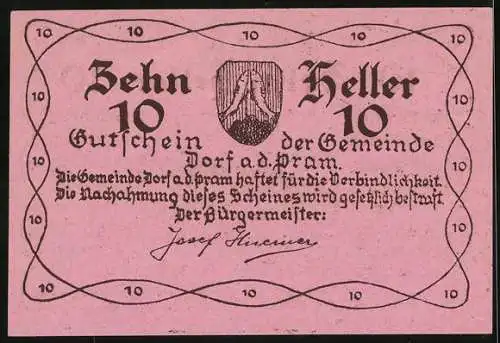 Notgeld Dorf a.d. Pram 1920, 10 Heller, Landschaft mit Gebäuden, Unterschrift Bürgermeister, Wappen