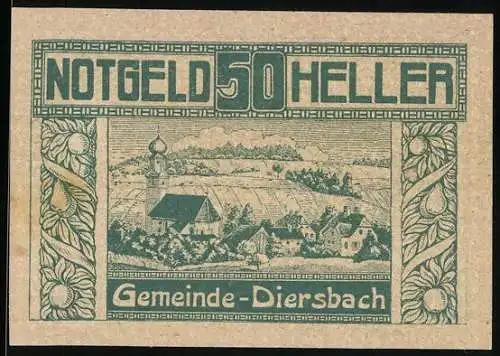 Notgeld Diersbach 1920, 50 Heller, ländliche Szene mit Kirche und Dorfansicht