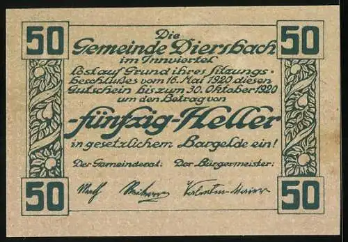 Notgeld Diersbach 1920, 50 Heller, ländliche Szene mit Kirche und Dorfansicht