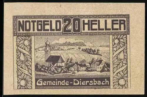 Notgeld Diersbach 1920, 20 Heller, Landschaft mit Kirche und Dorfmotiven