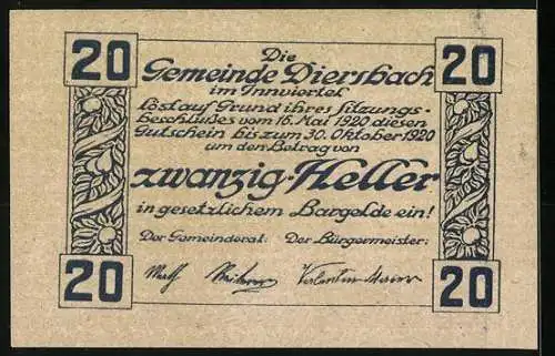 Notgeld Diersbach 1920, 20 Heller, Landschaft mit Kirche und Dorfmotiven