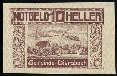 Notgeld Diersbach 1920, 10 Heller, Landschaft mit Kirche und Dorfansicht