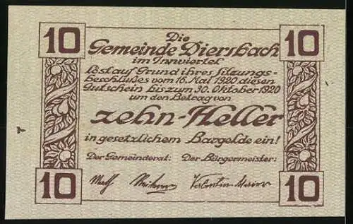 Notgeld Diersbach 1920, 10 Heller, Landschaft mit Kirche und Dorfansicht