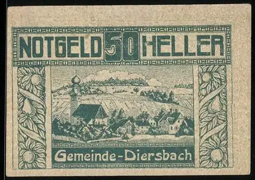 Notgeld Diersbach 1920, 50 Heller, Dorflandschaft und florales Muster