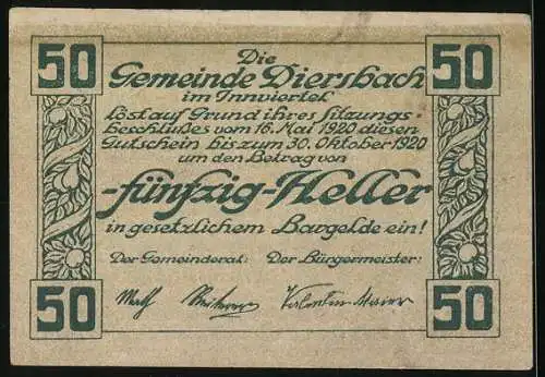 Notgeld Diersbach 1920, 50 Heller, Dorflandschaft und florales Muster