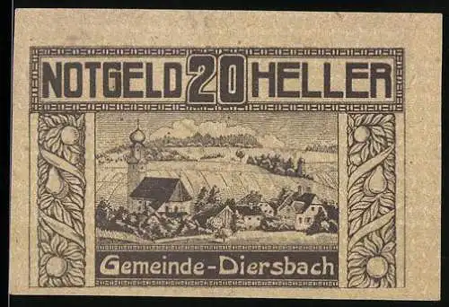 Notgeld Diersbach 1920, 20 Heller, Dorflandschaft und florale Bordüre