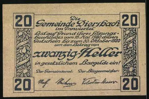 Notgeld Diersbach 1920, 20 Heller, Dorflandschaft und florale Bordüre