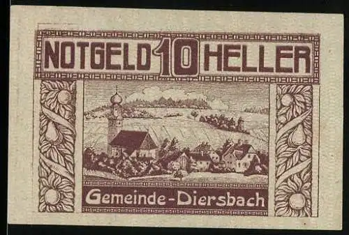 Notgeld Diersbach 1920, 10 Heller, Landschaft mit Kirche und Dorfansicht