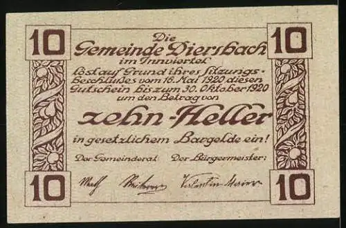 Notgeld Diersbach 1920, 10 Heller, Landschaft mit Kirche und Dorfansicht