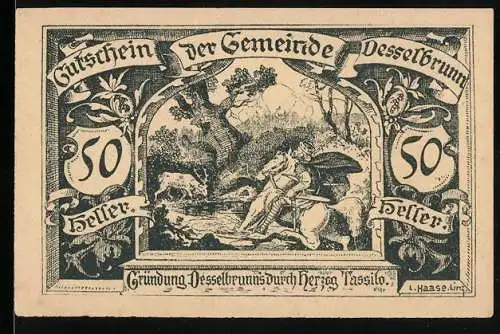 Notgeld Desselbrunn 1920, 50 Heller, Gründung Desselbrunns durch Herzog Tassilo, Reiter und Landschaftsmotiv