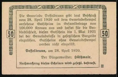 Notgeld Desselbrunn 1920, 50 Heller, Gründung Desselbrunns durch Herzog Tassilo, Reiter und Landschaftsmotiv