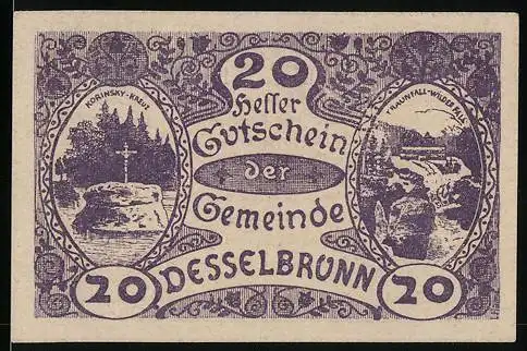 Notgeld Desselbrunn 1920, 20 Heller, Motive: Koprinsky-Felsen und Traunfall-Vöcklabruck, mit Text und Verzierung