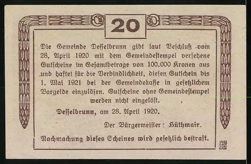 Notgeld Desselbrunn 1920, 20 Heller, Motive: Koprinsky-Felsen und Traunfall-Vöcklabruck, mit Text und Verzierung