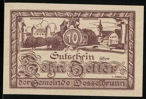 Notgeld Desselbrunn 1920, 10 Heller, Burgenansicht und Text über Einlösung