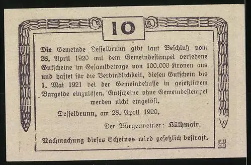 Notgeld Desselbrunn 1920, 10 Heller, Burgenansicht und Text über Einlösung