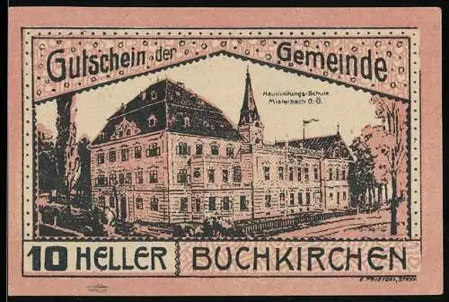 Notgeld Buchkirchen 1920, 10 Heller, Hauswirtschaftsschule und Pflüger mit Rind, Wappen vorhanden