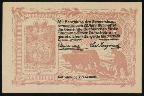 Notgeld Buchkirchen 1920, 10 Heller, Hauswirtschaftsschule und Pflüger mit Rind, Wappen vorhanden