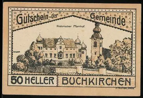 Notgeld Buchkirchen 1920, 50 Heller, historischer Pfarrhof, Wappen, Pflugmotiv