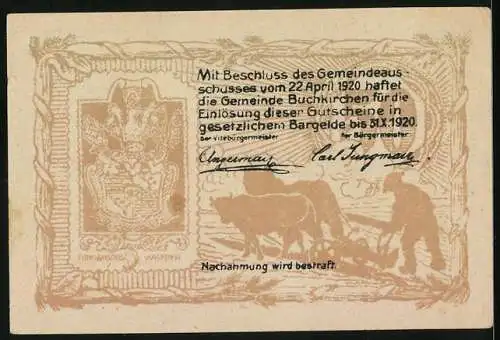 Notgeld Buchkirchen 1920, 50 Heller, historischer Pfarrhof, Wappen, Pflugmotiv