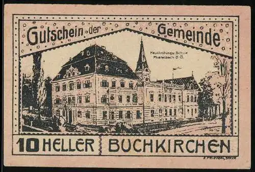 Notgeld Buchkirchen 1920, 10 Heller, Gemeindehaus und Pflugmotiv mit Wappen