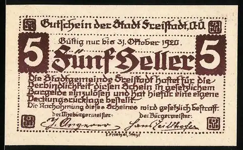 Notgeld Freistadt 1920, 5 Heller, Burgtor und Wappenmotiv