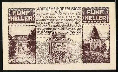 Notgeld Freistadt 1920, 5 Heller, Burgtor und Wappenmotiv