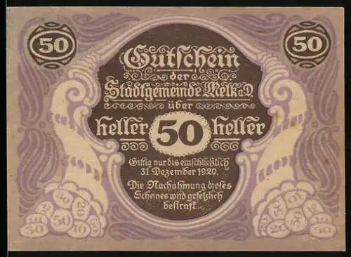 Notgeld Melk 1920, 50 Heller, mit Stadtwappen und Gebäudeansicht