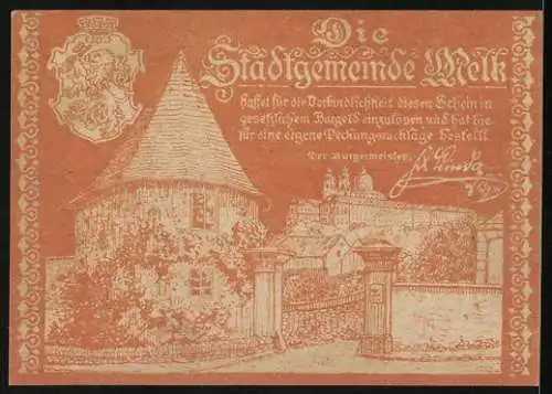 Notgeld Melk 1920, 50 Heller, mit Stadtwappen und Gebäudeansicht