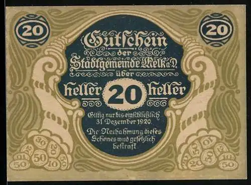 Notgeld Melk 1920, 20 Heller, Stadtansicht mit Wappen und dekorativem Textdesign