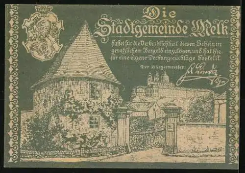 Notgeld Melk 1920, 20 Heller, Stadtansicht mit Wappen und dekorativem Textdesign