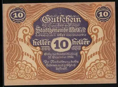 Notgeld Melk 1920, 10 Heller, Stadtansicht mit Wappen und Ornamenten